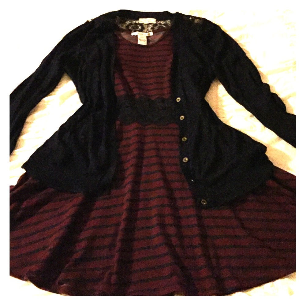 Burgundy American Rag Dress with Blue Cardigan